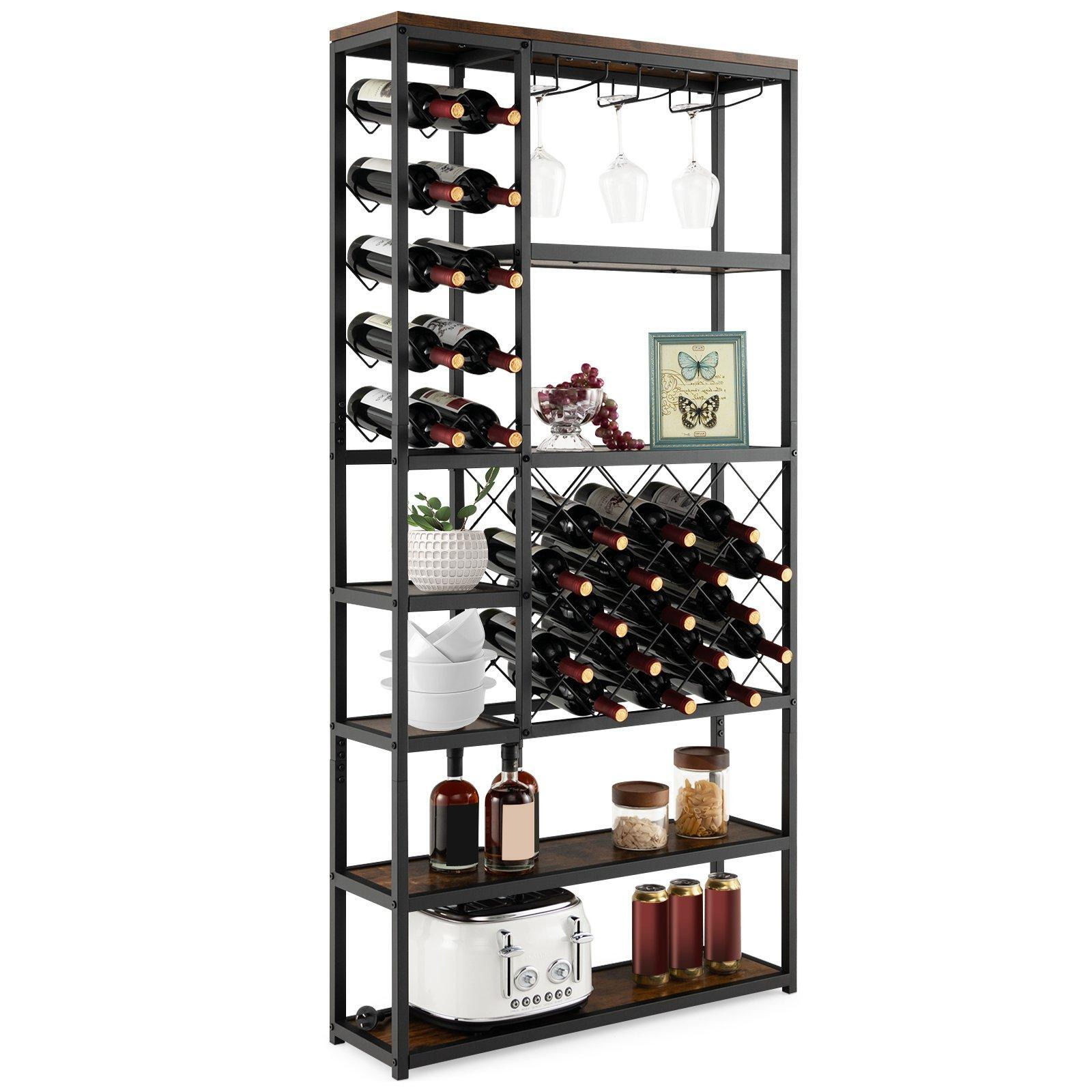 ndustrial Floor Wine Rack Freestanding Wine Display Shelf w/ Glass Holders - image 1