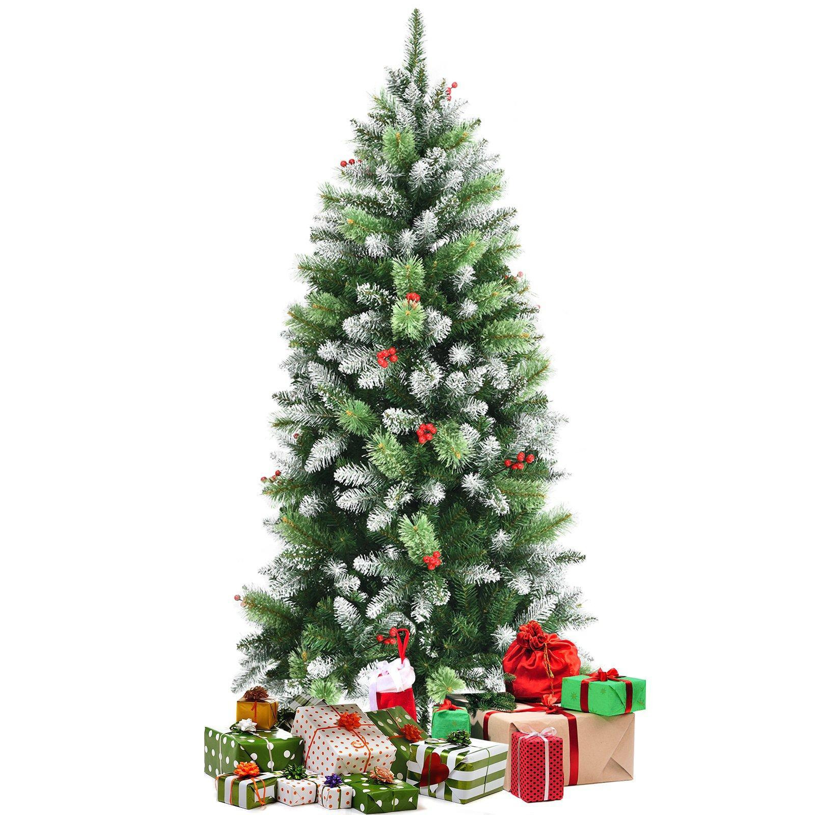 5FT Artificial Pine Xmas Tree Snow Flocked Christmas Tree with Red Berries - image 1