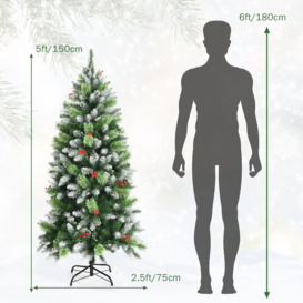 5FT Artificial Pine Xmas Tree Snow Flocked Christmas Tree with Red Berries - thumbnail 2