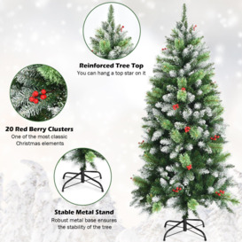 5FT Artificial Pine Xmas Tree Snow Flocked Christmas Tree with Red Berries - thumbnail 3