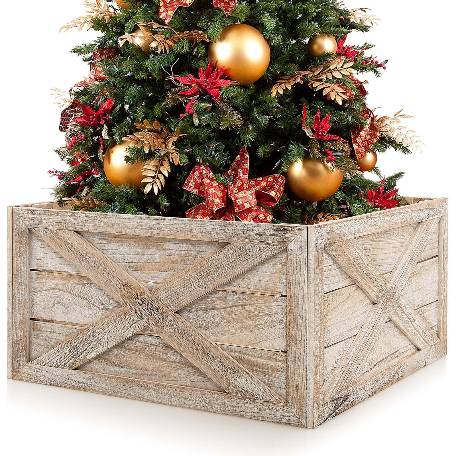 Vintage Christmas Tree Collar Box  100% Solid Wood Wooden Tree Box Stand Cover W/ Hook & Loop Fastener - image 1