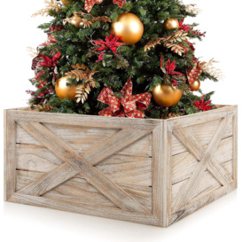 Vintage Christmas Tree Collar Box  100% Solid Wood Wooden Tree Box Stand Cover W/ Hook & Loop Fastener - thumbnail 1