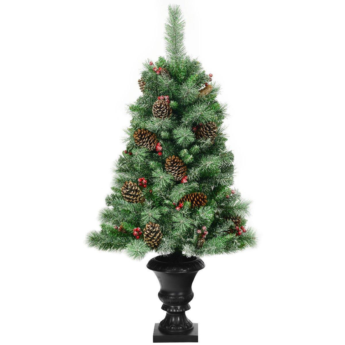 4FT/120cm Snow Flocked Artificial Christmas Tree Premium Entrance Tree with Pine Cones & Red Berries - image 1