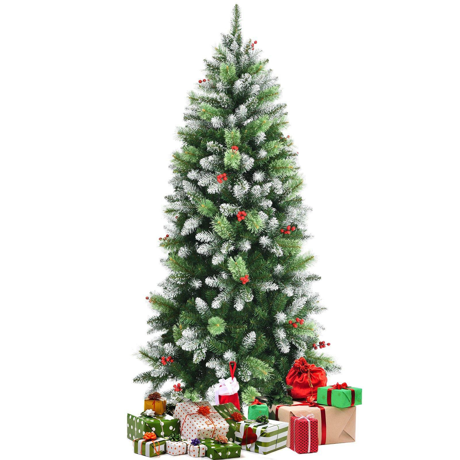 6FT Artificial Pine Xmas Tree Snow Flocked Christmas Tree with Red Berries - image 1