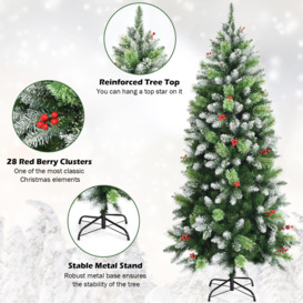 6FT Artificial Pine Xmas Tree Snow Flocked Christmas Tree with Red Berries - thumbnail 2