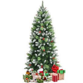 6FT Artificial Pine Xmas Tree Snow Flocked Christmas Tree with Red Berries - thumbnail 1