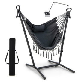 Hammock Chair with Stand Height Adjustable Hanging Chair W/ Phone Holder & Pillow