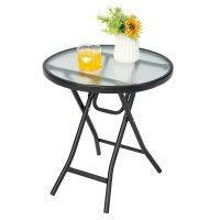 Patio Folding Glass Side Table 46 cm Portable Round Bistro Coffee Table - image 1