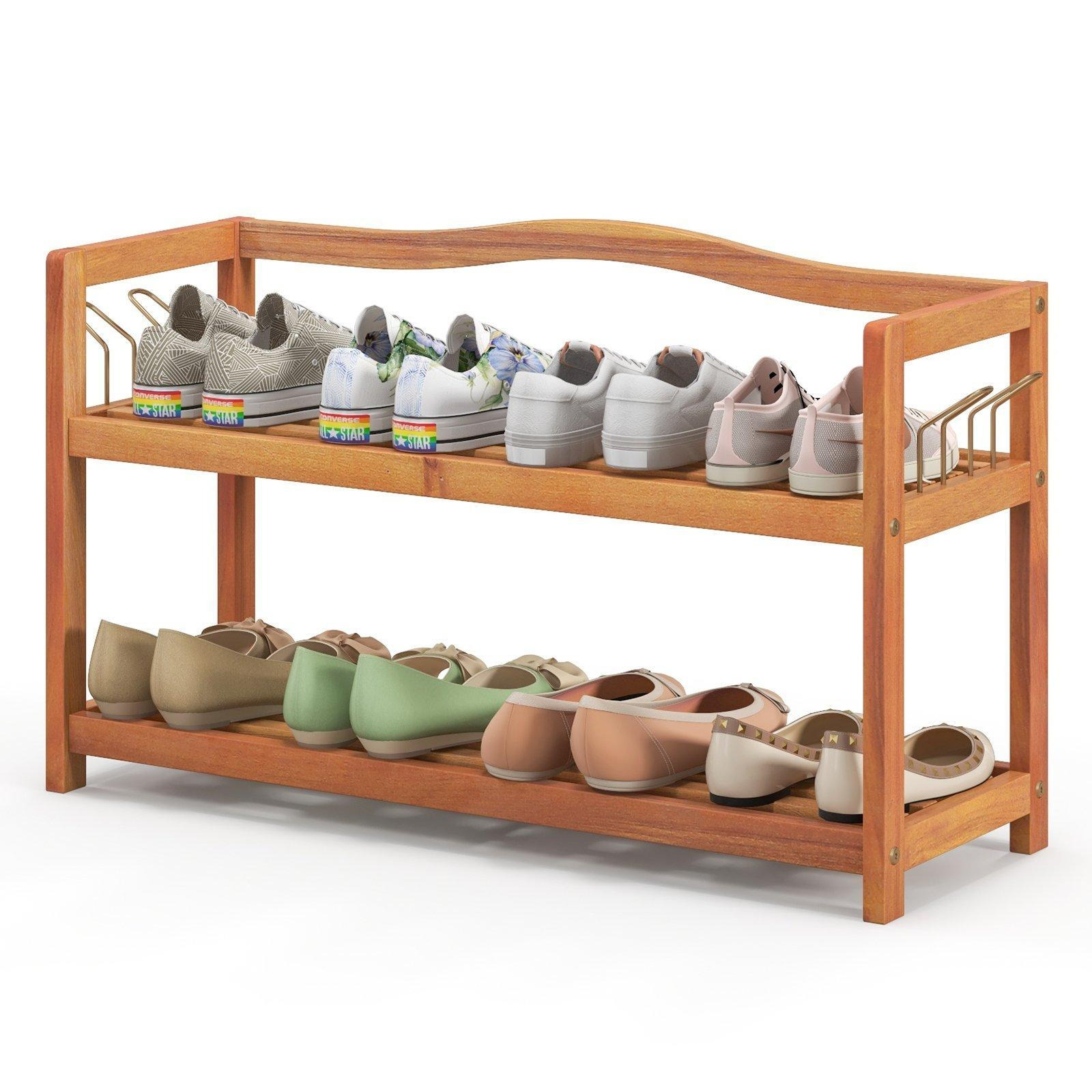 2-Tier Wood Shoe Rack Solid Shoe Storage Shelf Organizing Unit w/ Side Hooks - image 1
