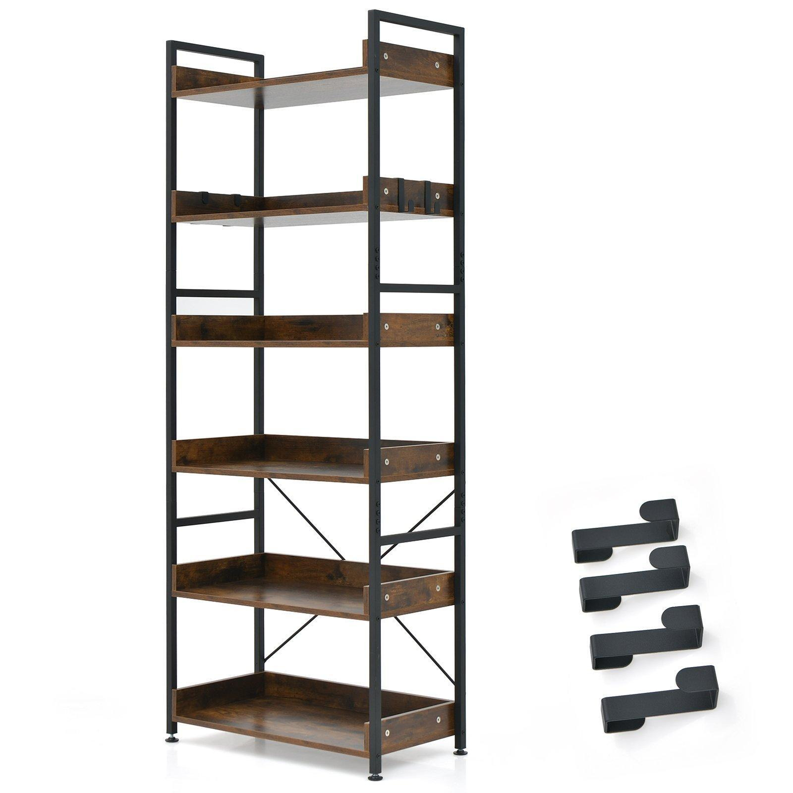 6-Tier Bookshelf 177cm Tall Industrial Bookcase w/ 4 Hooks Corner Storage Rack - image 1