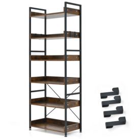 6-Tier Bookshelf 177cm Tall Industrial Bookcase w/ 4 Hooks Corner Storage Rack - thumbnail 1