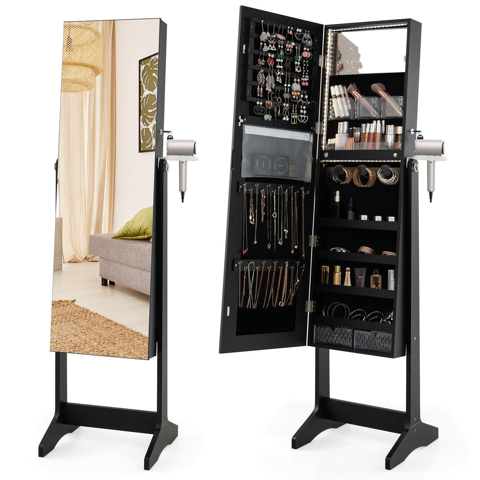 Armoire Jewelry Cabinet w/ Full-length Mirror 3-Color Led Lights & Hair Dryer Holder - image 1