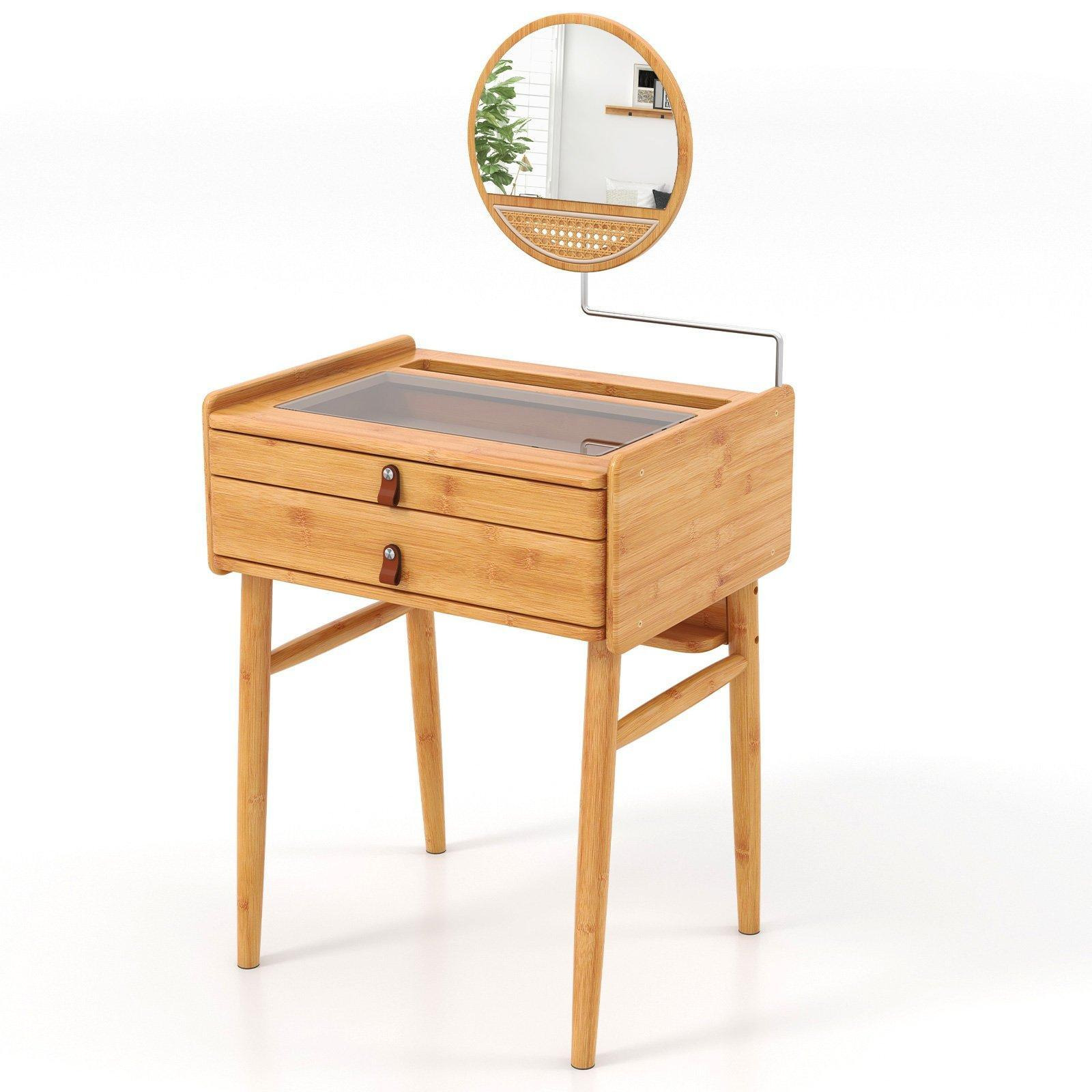Vanity Dressing Table Bamboo Mirror Makeup Dresser Table w/ 2 Storage Drawers - image 1