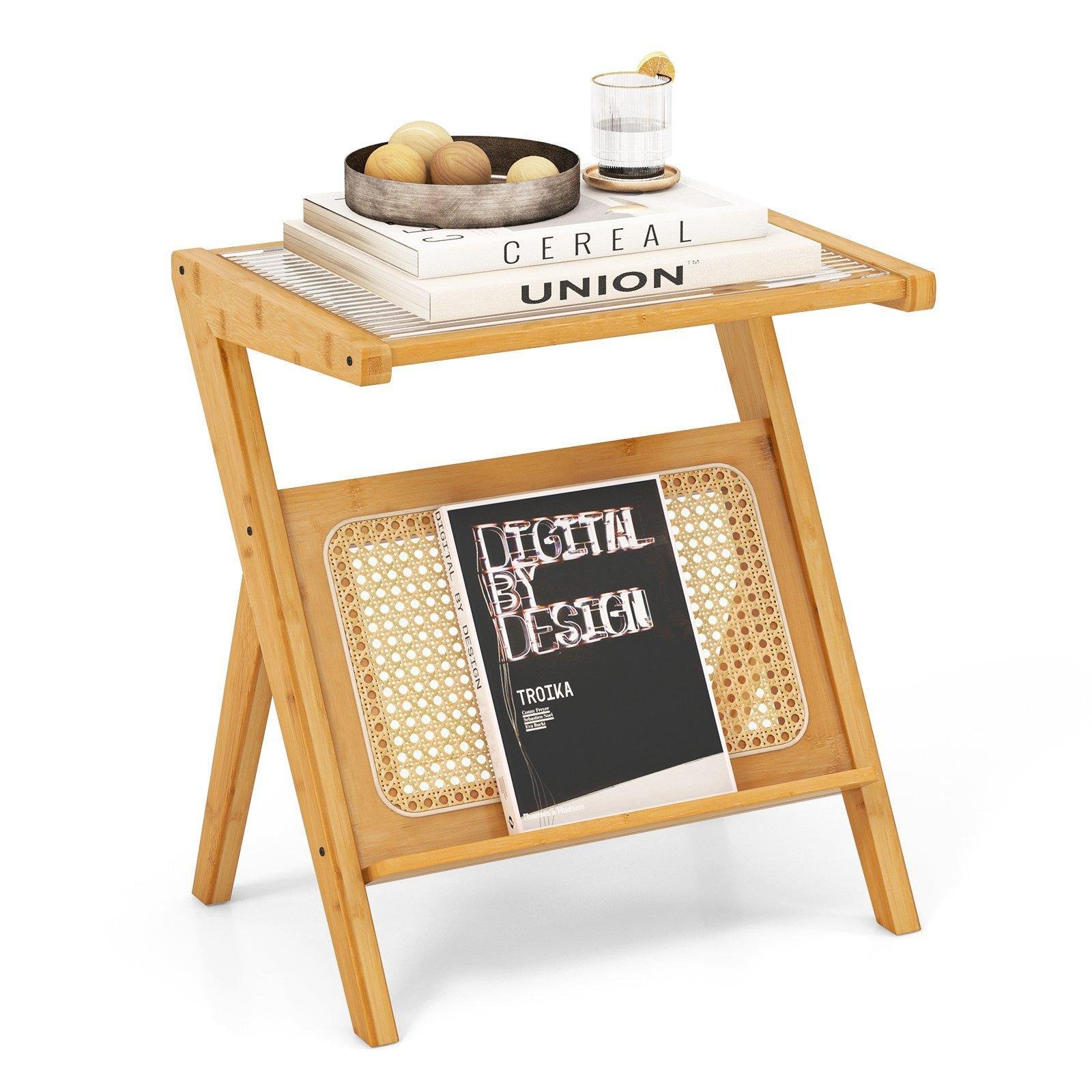 Z-shaped Bedside Table Modern Side Table Rattan Magazine Rack Tempered Glass Top - image 1