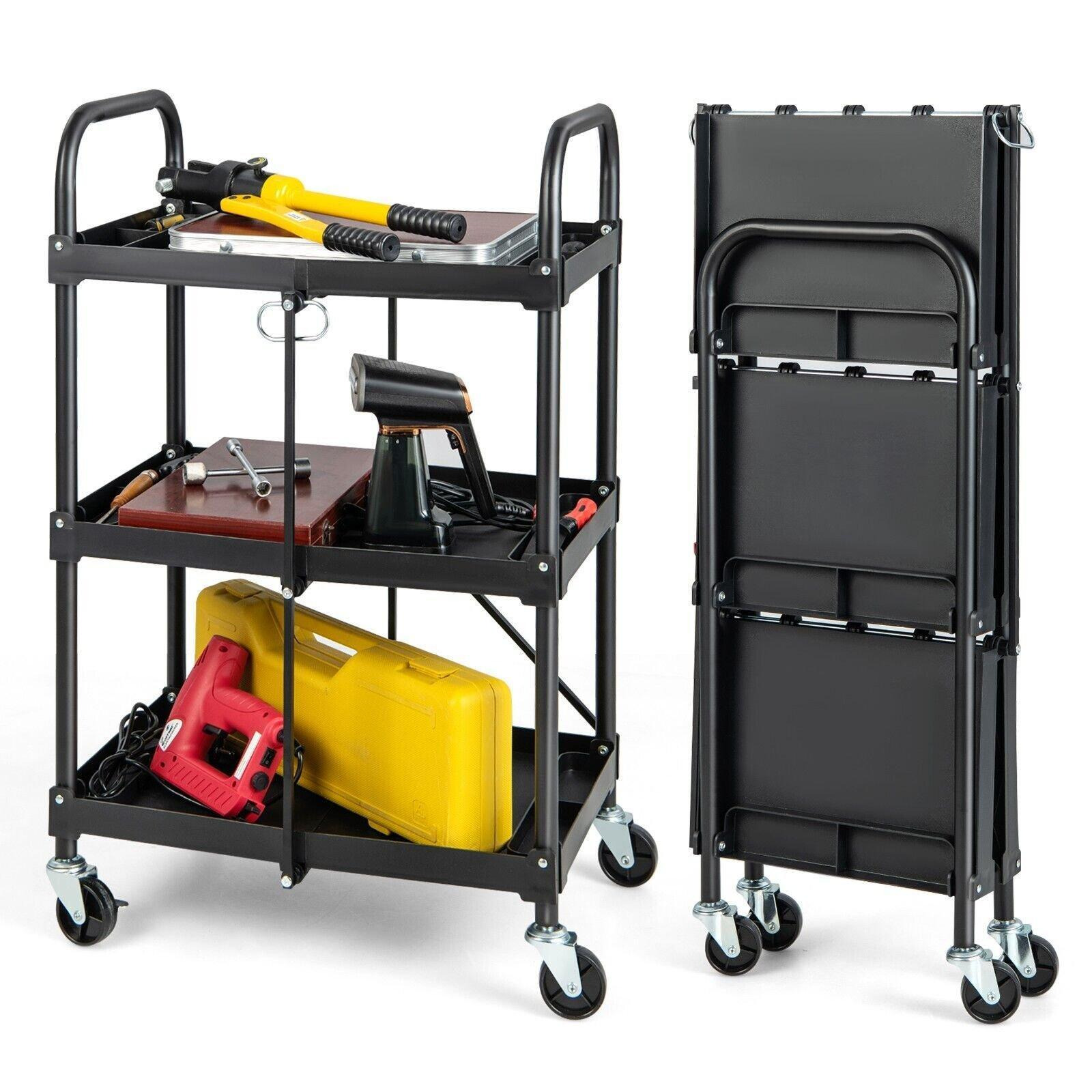3-Tier Folding Storage Trolley Heavy Duty Tool Cart Rolling Storage Organizer - image 1