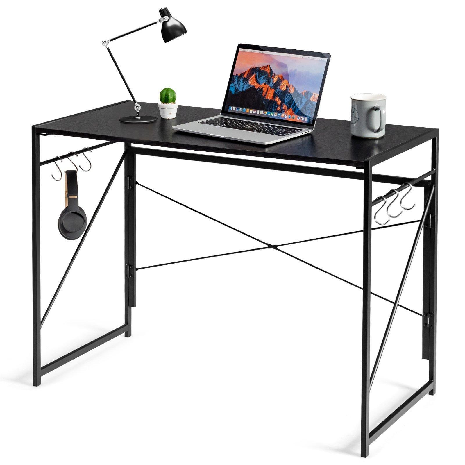 Folding Computer Desk Modern Simple Study Desk with Metal Frame 6 S-Shaped Hooks - image 1