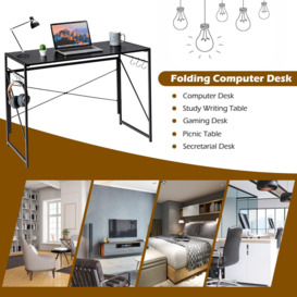 Folding Computer Desk Modern Simple Study Desk with Metal Frame 6 S-Shaped Hooks - thumbnail 3