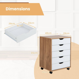 5 Drawer Rolling Storage Cabinet Mobile Chest of Drawers Wooden Dresser Organizer Coffee - thumbnail 2