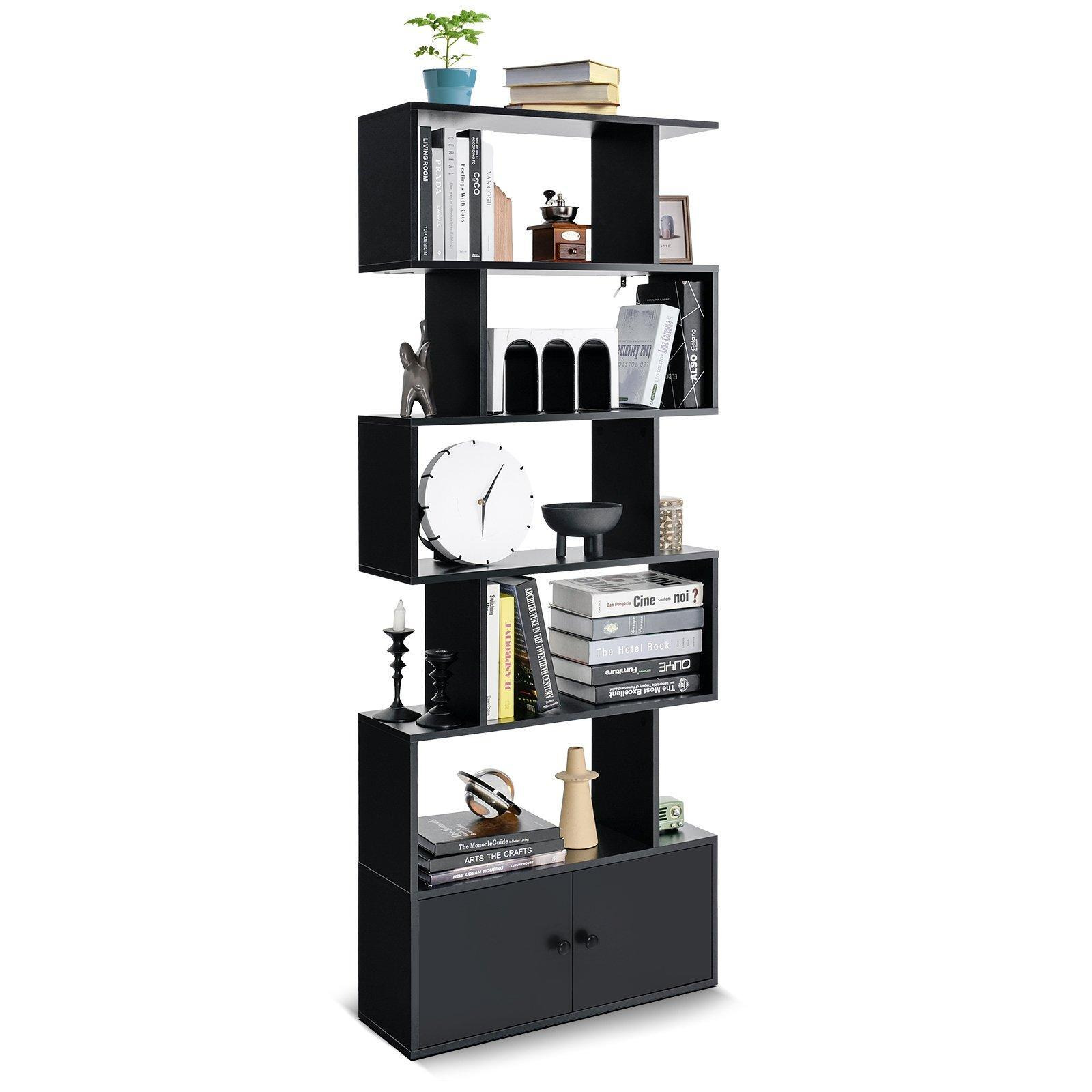 5-tier S-Shaped Bookcase Industrial Display Rack with Cabinet Wooden Bookshelf - image 1