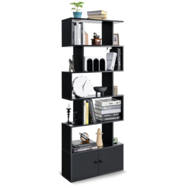 5-tier S-Shaped Bookcase Industrial Display Rack with Cabinet Wooden Bookshelf - thumbnail 1