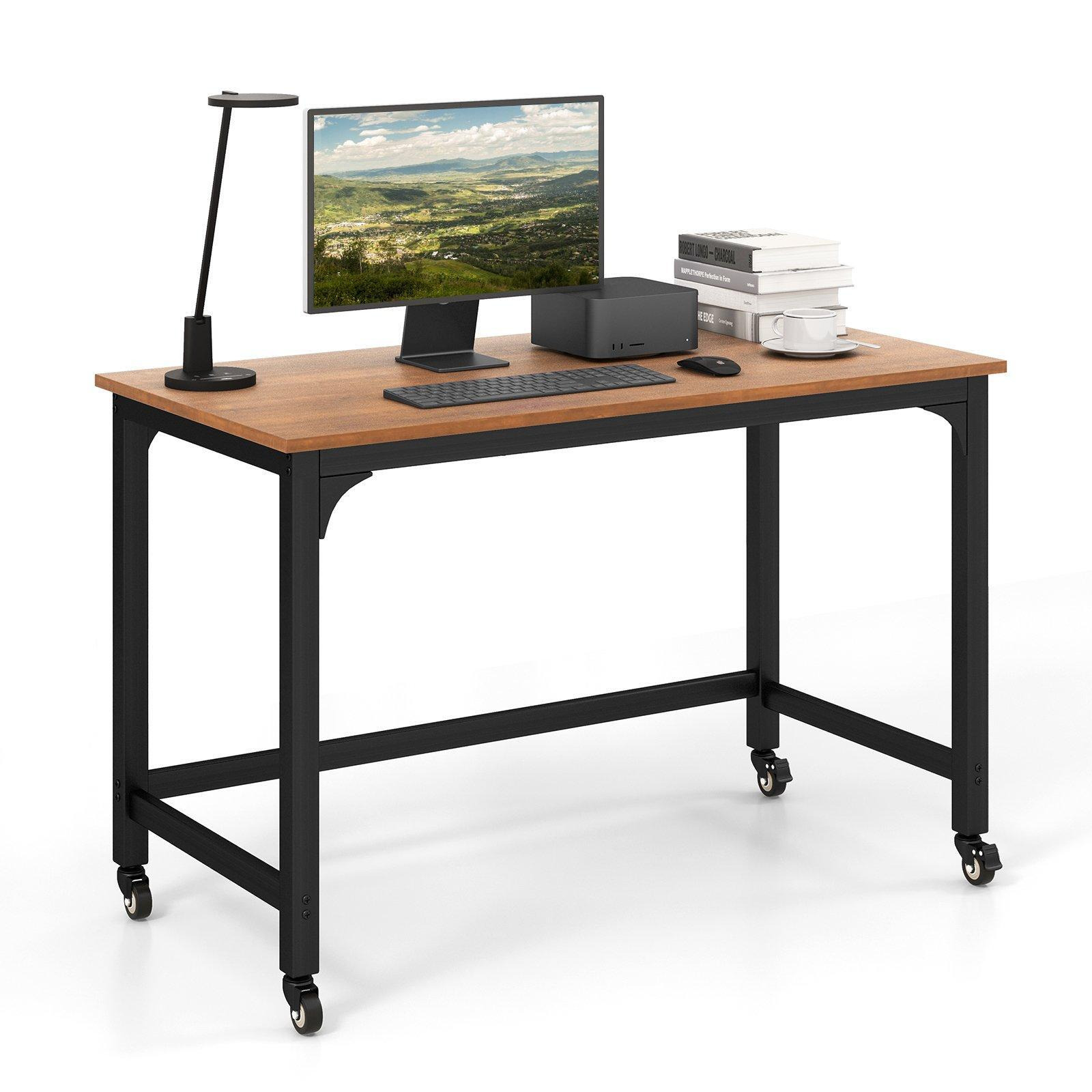Large Rolling Computer Desk Metal Frame Writing Desk Workstation Lockable Wheels - image 1