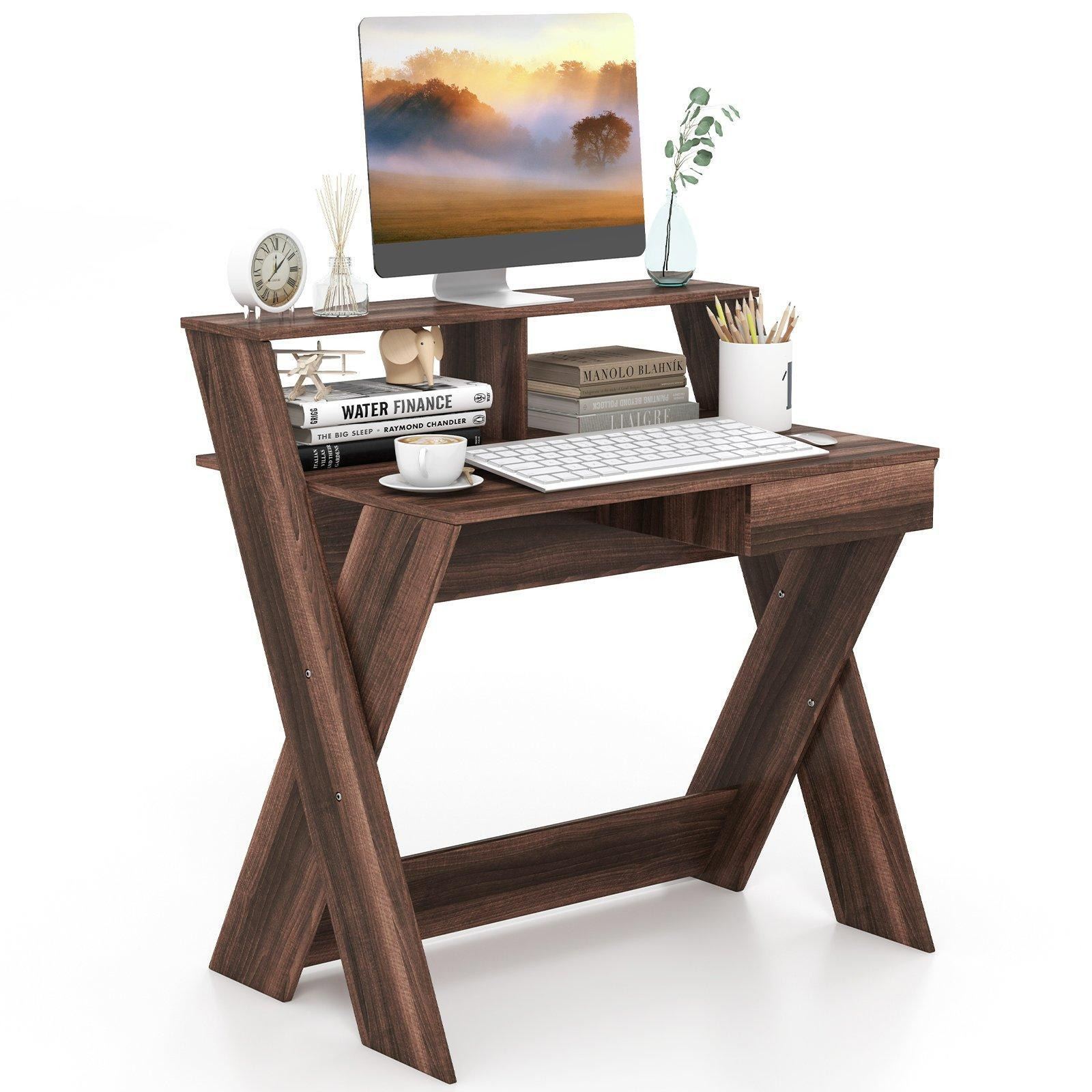 Wooden Computer Desk Home Office Writing Desk with Monitor Stand Riser X-shaped Black - image 1