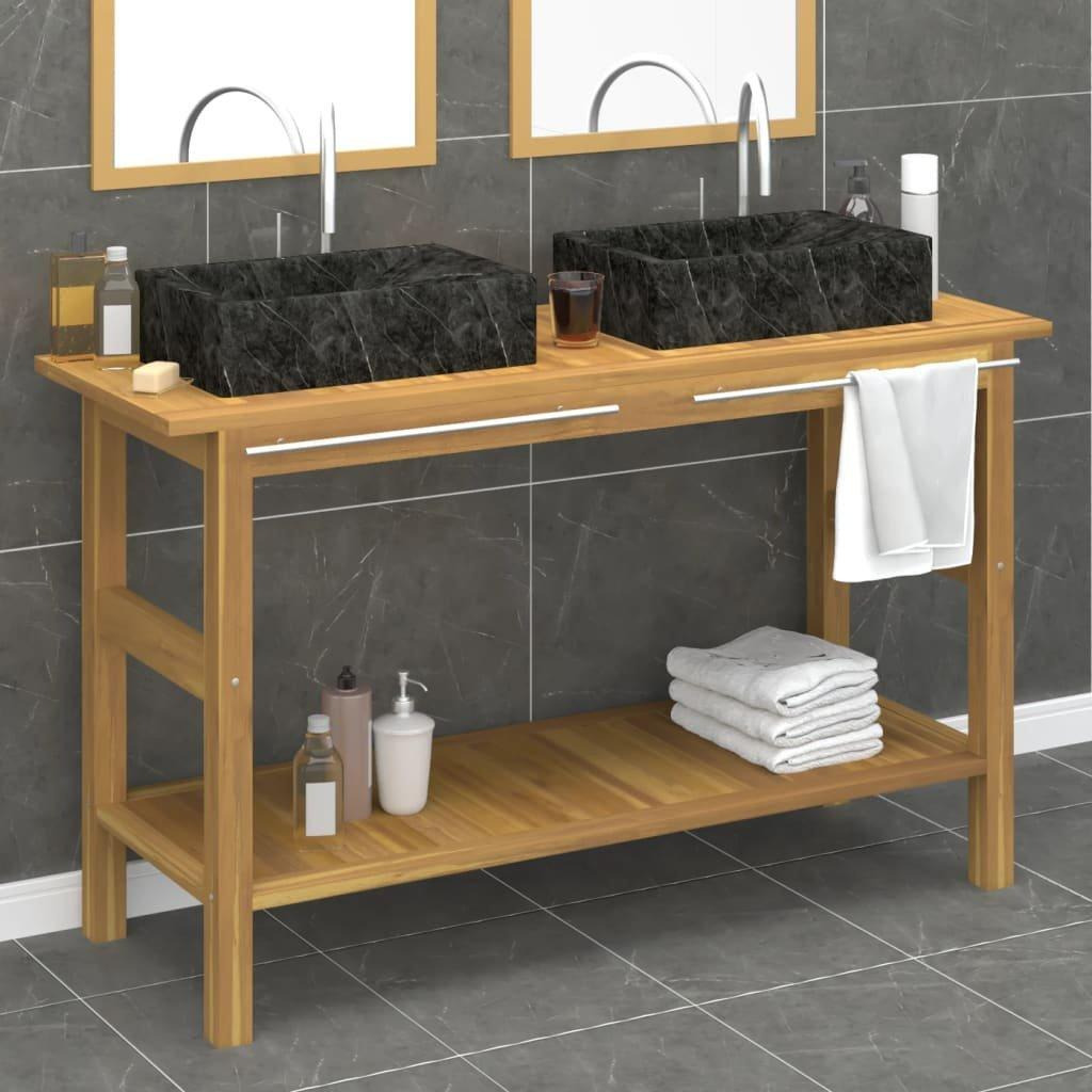 Bathroom Vanity Cabinet with Black Marble Sinks Solid Wood Teak - image 1