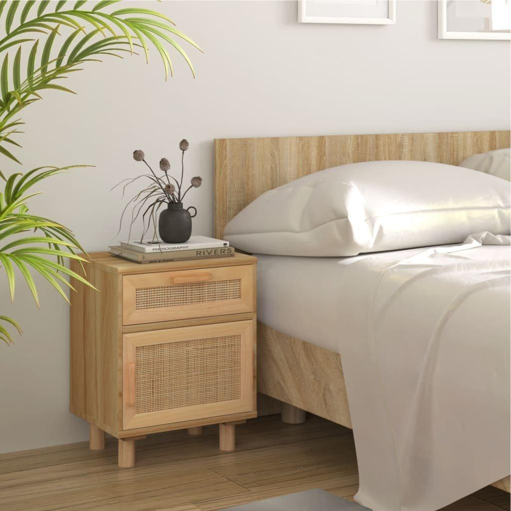 Bedside Cabinet Brown Solid Wood Pine and Natural Rattan - image 1