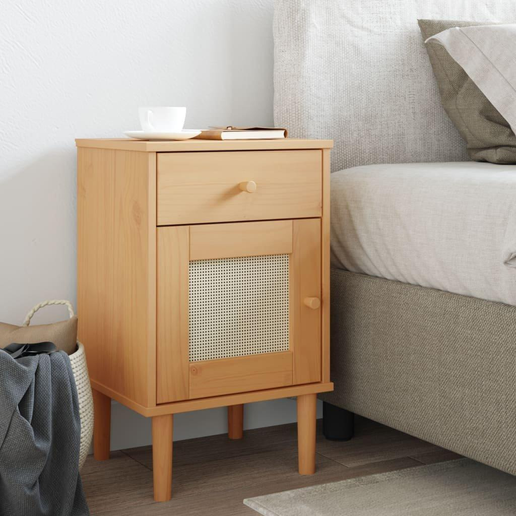 Bedside Cabinet SENJA Rattan Look Brown 40x35x65 cm Solid Wood Pine - image 1