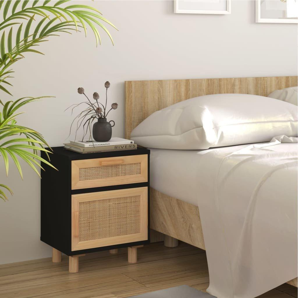 Bedside Cabinet Black Solid Wood Pine and Natural Rattan - image 1