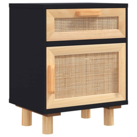 Bedside Cabinet Black Solid Wood Pine and Natural Rattan - thumbnail 2