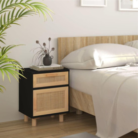 Bedside Cabinet Black Solid Wood Pine and Natural Rattan
