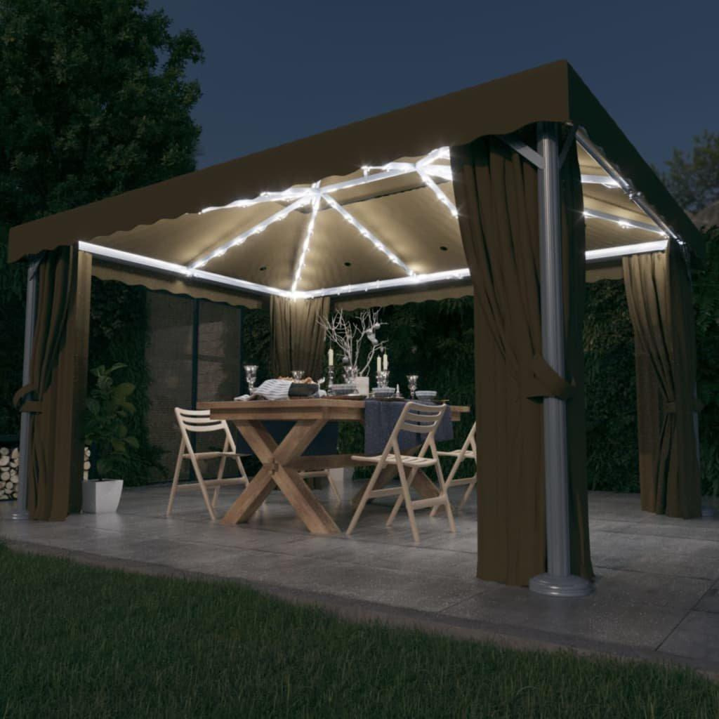 Gazebo with Curtain&LED String Lights 4x3 m Taupe - image 1
