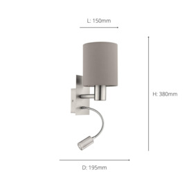 Pasteri Satin Nickel Metal And Fabric Wall Light With Integrated LED Adjustable Reading Light - thumbnail 3