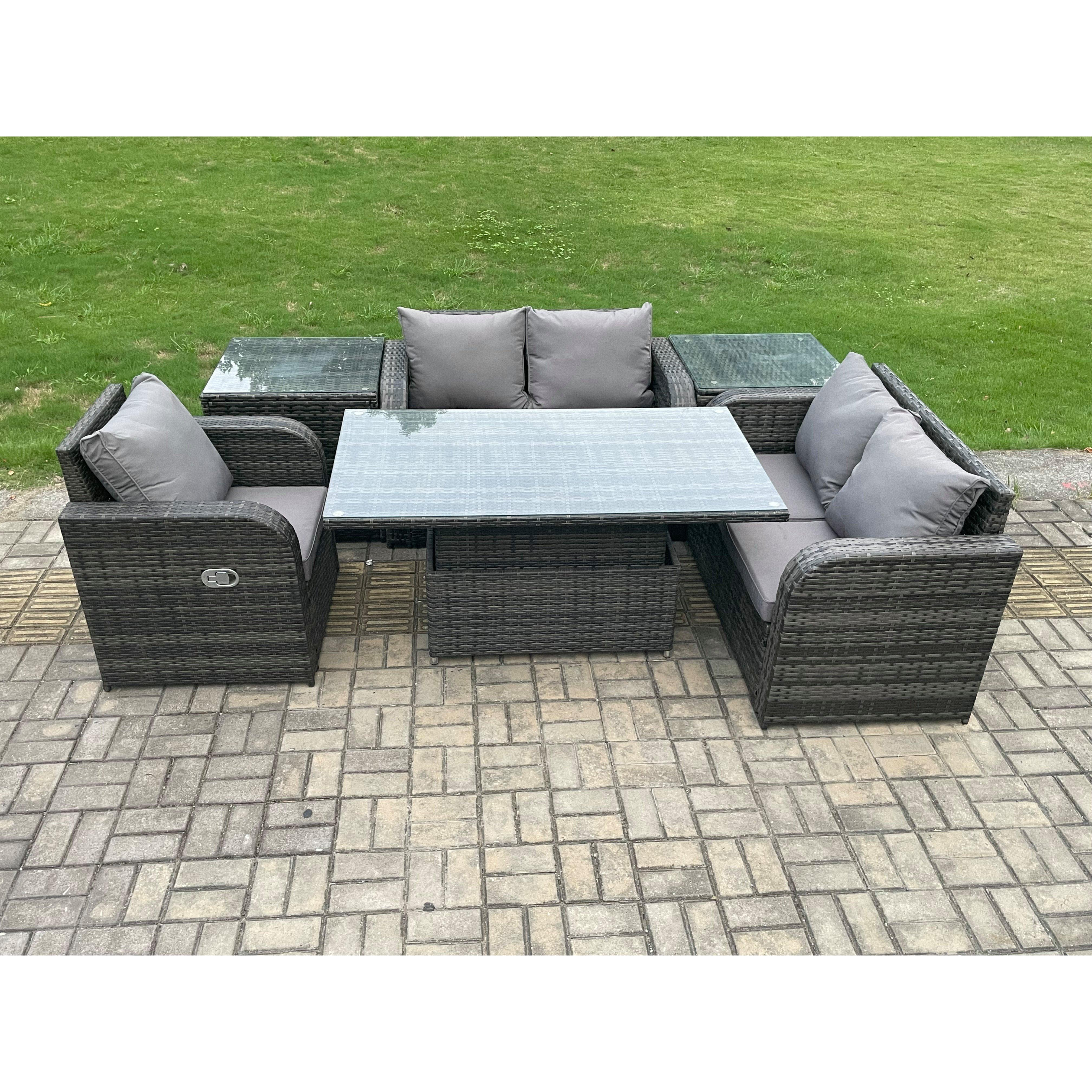 5 Seater Rattan Furniture Garden Dining Set Outdoor Height Adjustable Rising lifting Table Love Sofa Chair - image 1