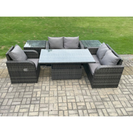 5 Seater Rattan Furniture Garden Dining Set Outdoor Height Adjustable Rising lifting Table Love Sofa Chair - thumbnail 2
