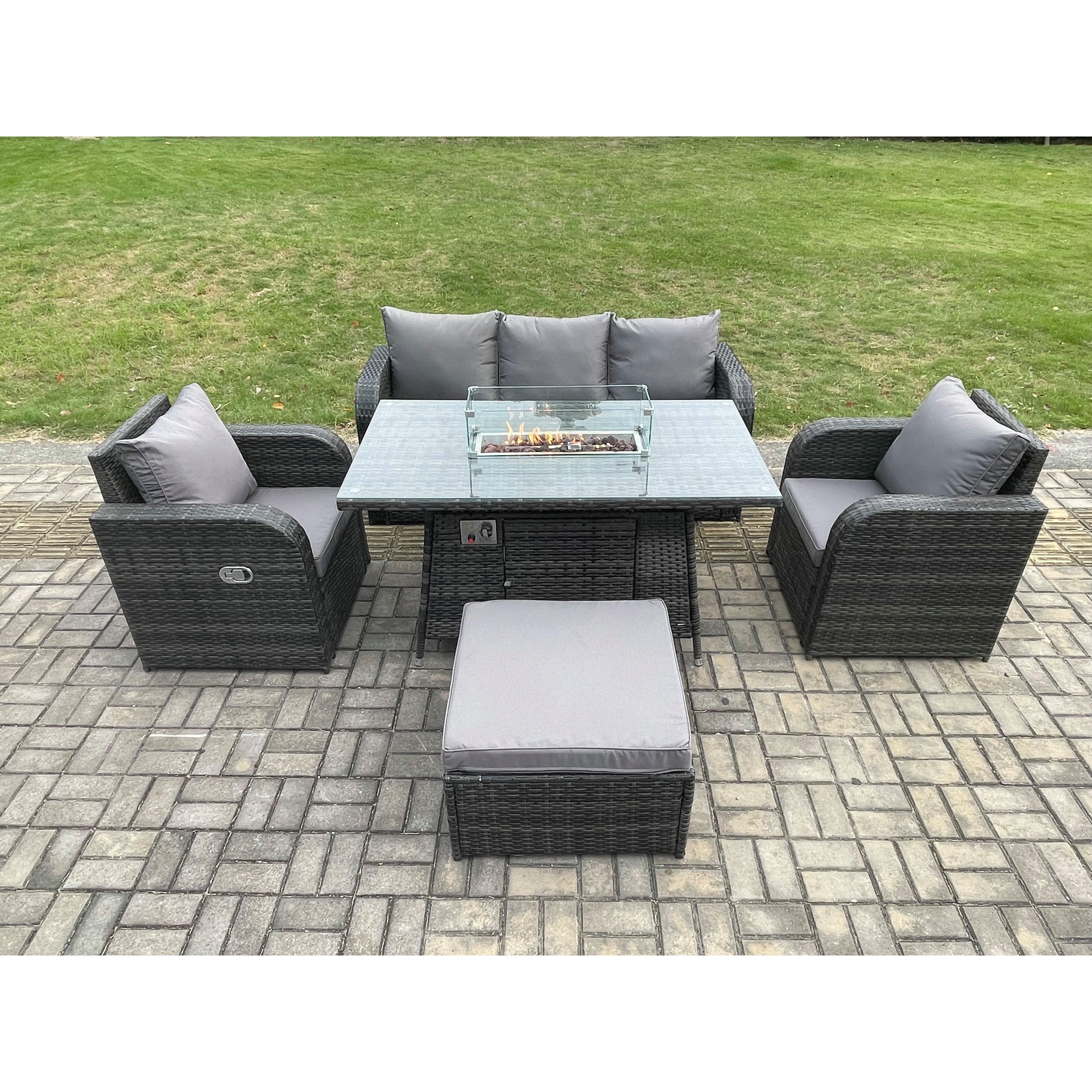 Patio Outdoor Rattan Garden Furniture Set Propane Gas Fire Pit Table Burner with Lounge Sofa Footstool - image 1