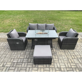 Patio Outdoor Rattan Garden Furniture Set Propane Gas Fire Pit Table Burner with Lounge Sofa Footstool - thumbnail 1