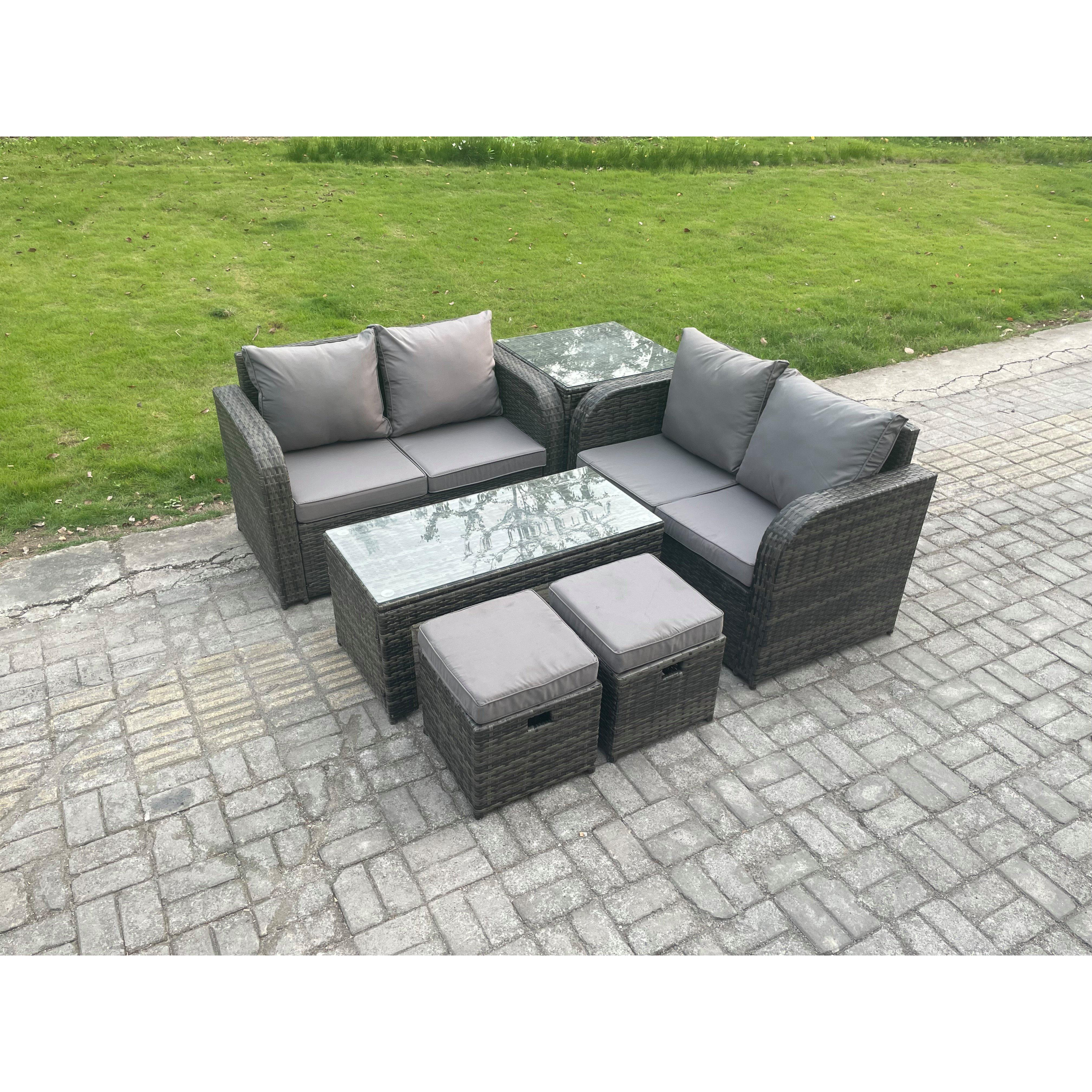 High Back Rattan Garden Furniture Set with Loveseat Sofa Coffee Table 2 Small Footstool Outdoor Patio Sofa Set - image 1