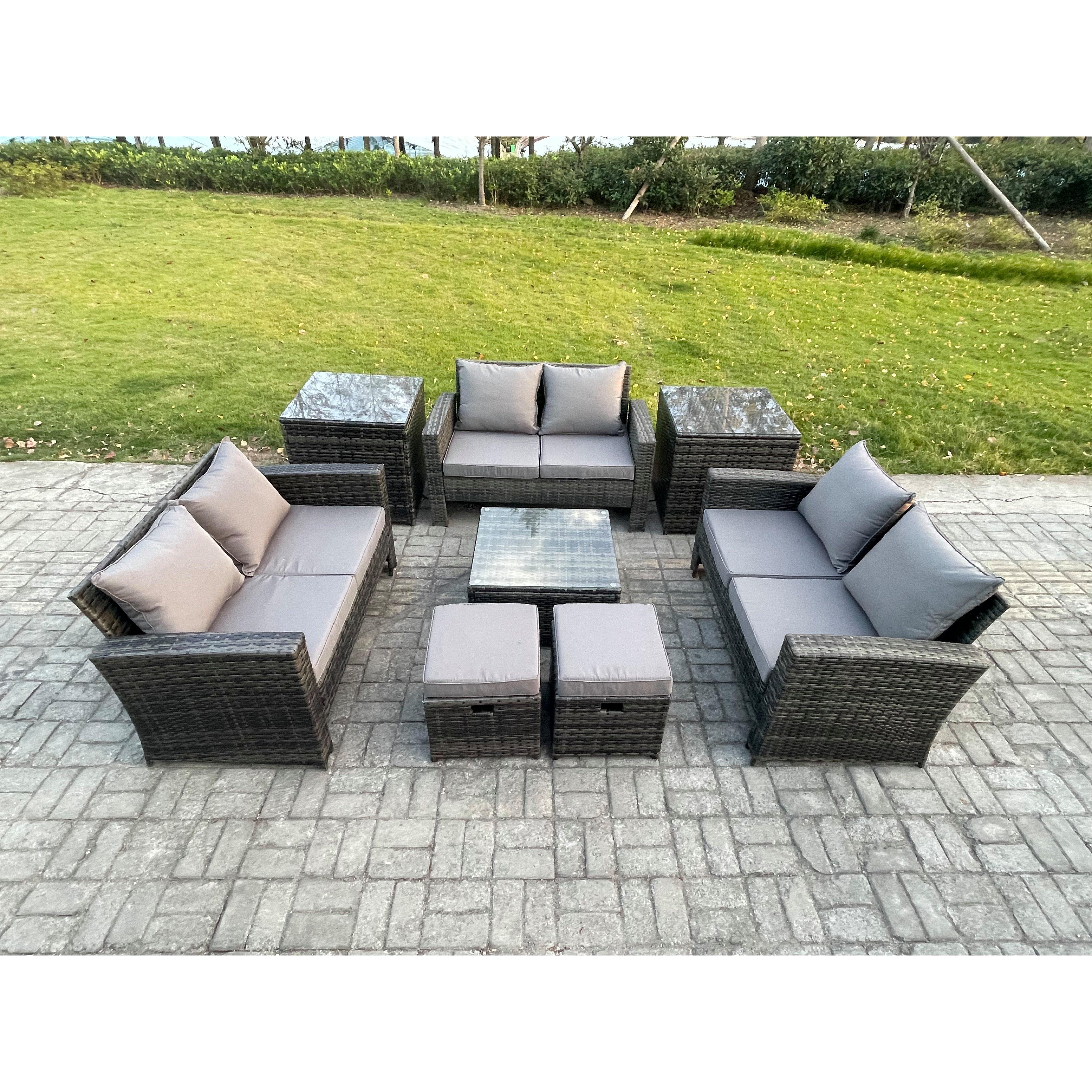 Outdoor Lounge Sofa Set Wicker PE Rattan Garden Furniture Set with Square Coffee Table Double Seat Sofa 2 Small Footstools - image 1