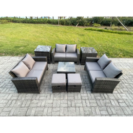 Outdoor Lounge Sofa Set Wicker PE Rattan Garden Furniture Set with Square Coffee Table Double Seat Sofa 2 Small Footstools