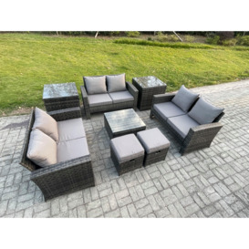 Outdoor Lounge Sofa Set Wicker PE Rattan Garden Furniture Set with Square Coffee Table Double Seat Sofa 2 Small Footstools - thumbnail 2
