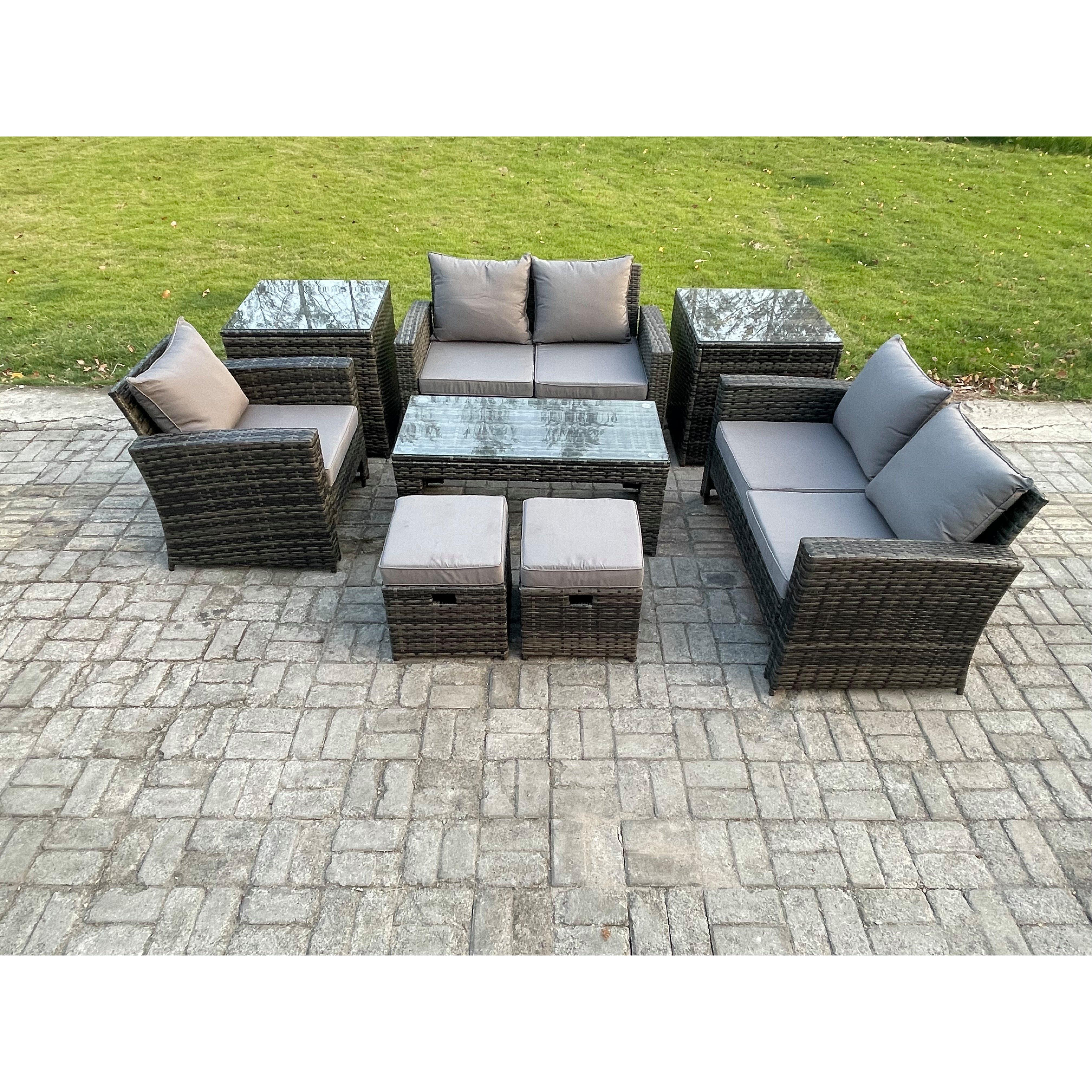 7 Seater Outdoor Rattan Patio Furniture Set Garden Lounge Sofa Set with 2 Side Tables 2 Small Footstools Coffee Table Dark Grey Mixed - image 1