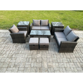 7 Seater Outdoor Rattan Patio Furniture Set Garden Lounge Sofa Set with 2 Side Tables 2 Small Footstools Coffee Table Dark Grey Mixed