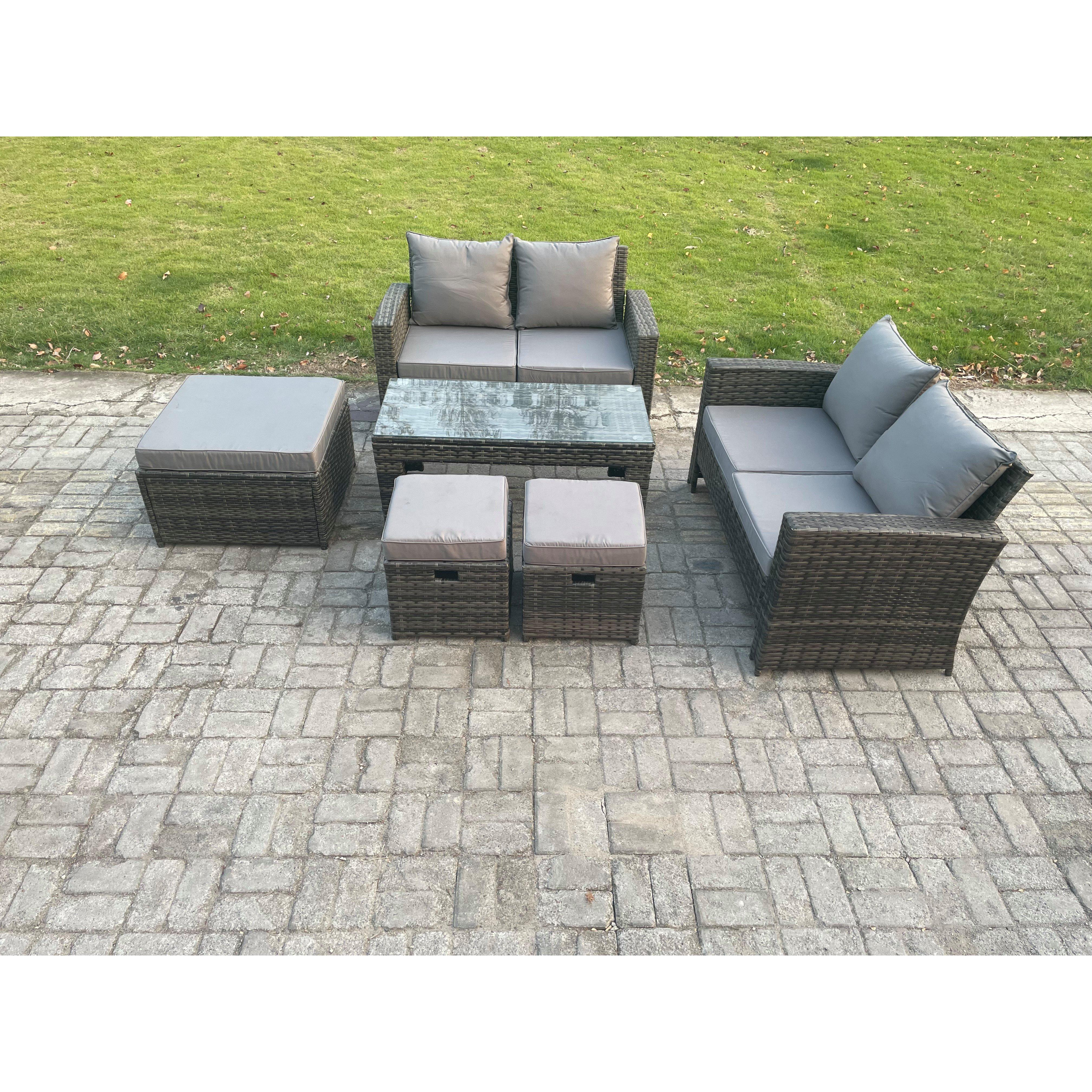 7 Seater High Back Rattan Garden Furniture Sofa Sets with Rectangular Coffee Table 3 Footstools Loveseat Sofa Dark Grey Mixed - image 1