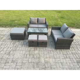 7 Seater High Back Rattan Garden Furniture Sofa Sets with Rectangular Coffee Table 3 Footstools Loveseat Sofa Dark Grey Mixed