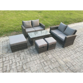 7 Seater High Back Rattan Garden Furniture Sofa Sets with Rectangular Coffee Table 3 Footstools Loveseat Sofa Dark Grey Mixed - thumbnail 2