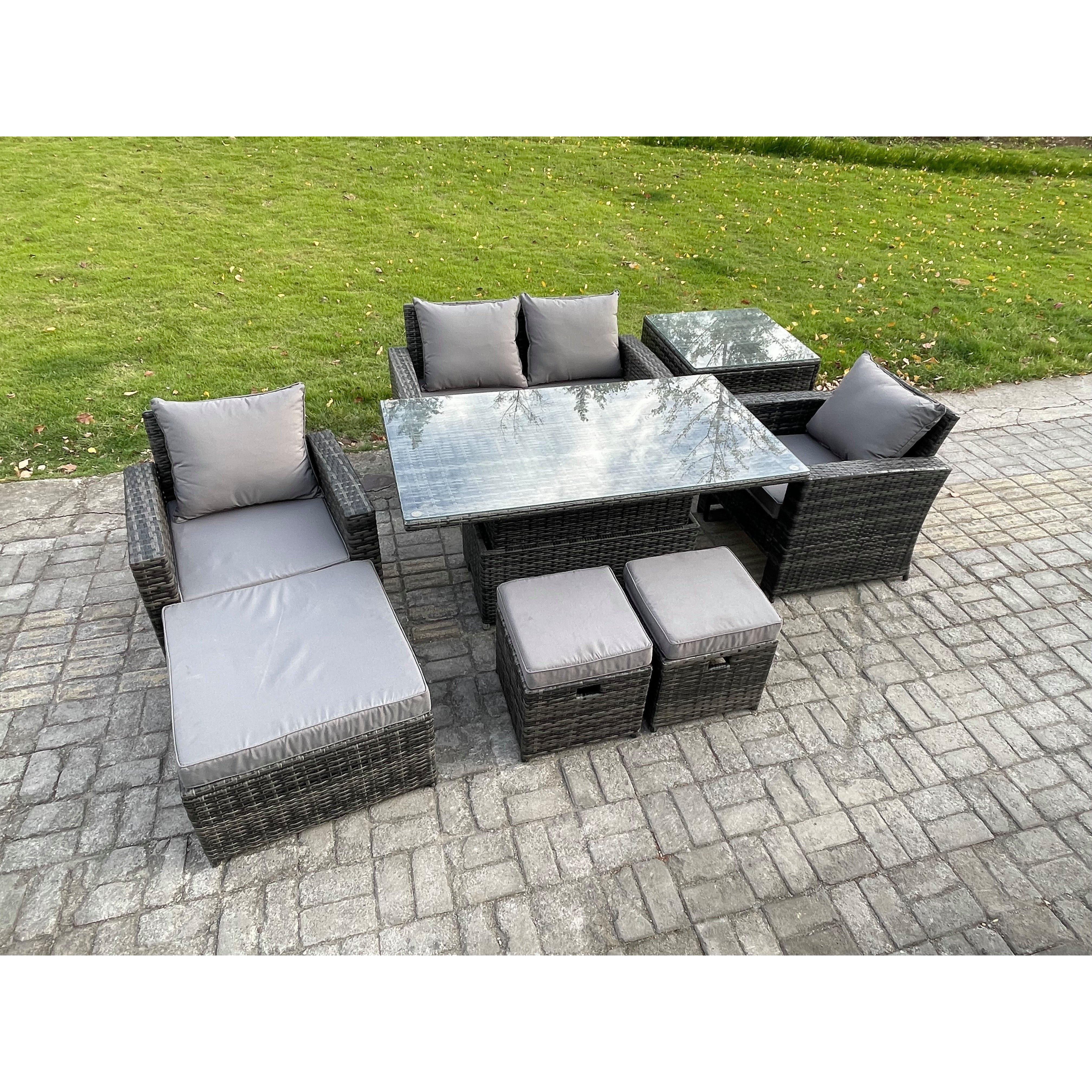 High Back Rattan Garden Furniture Sofa Sets with Height Adjustable Rising Lifting Table Side Table - image 1