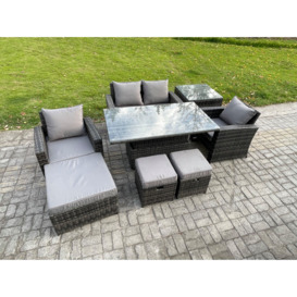 High Back Rattan Garden Furniture Sofa Sets with Height Adjustable Rising Lifting Table Side Table