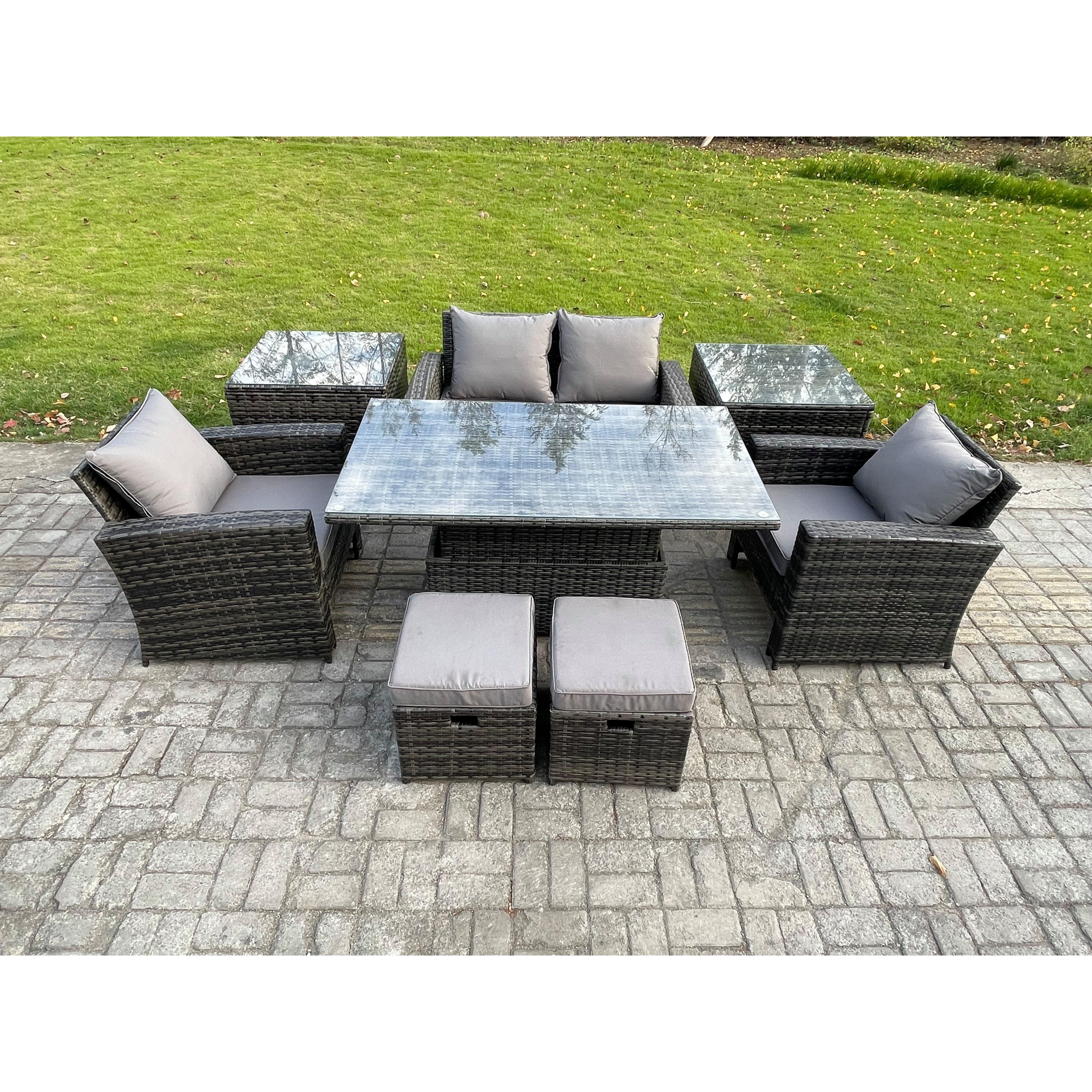 Rattan Garden Furniture Sofa Sets with Height Adjustable Rising Lifting Table 2 Side Tables 2 Small Footstools - image 1